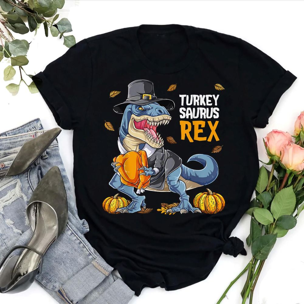 Dinosaur Thanksgiving Boys Turkey Saurus T Rex Pilgrim Kids Shirt Unisex Standard T-Shirt black s