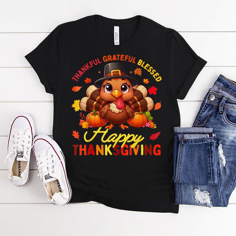 Thankful Grateful Blessed Happy Thanksgiving Turkey Shirt Unisex Standard T-Shirt black s